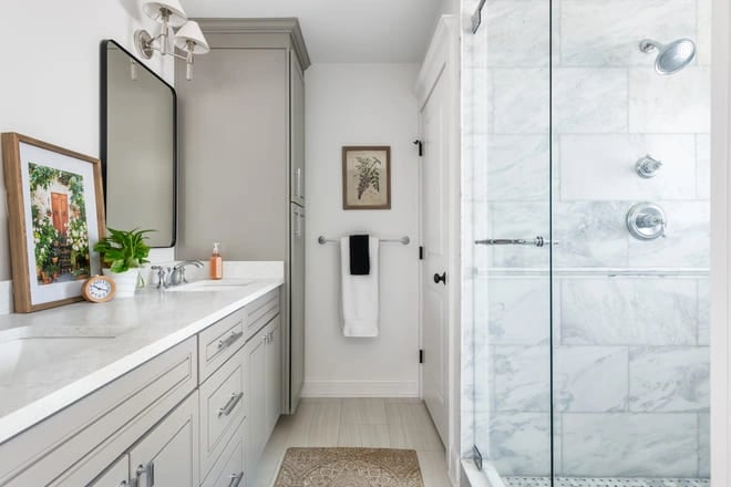 Glass corner shelves in shower.  Glass shower shelves, Budget bathroom  remodel, Shower remodel